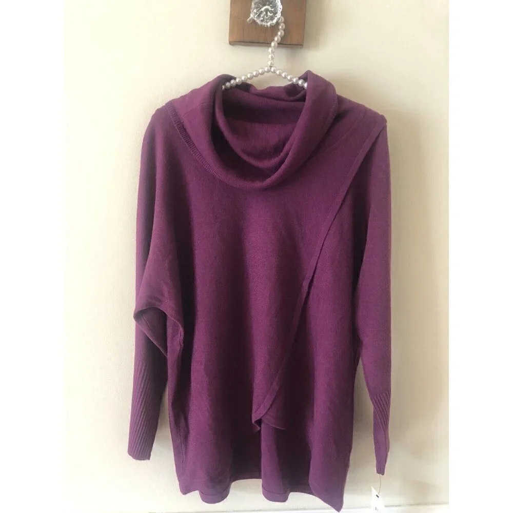 NWT NY Collection Womens Size XS Dark Purple Sweater Cowl Neck Long Sleeve